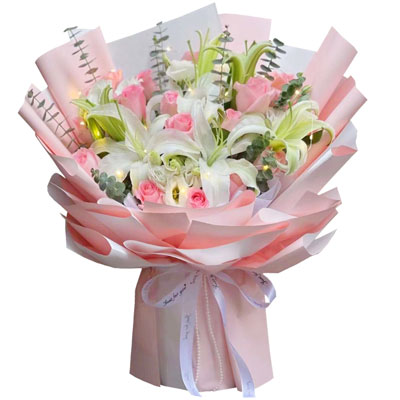 廊坊16朵粉玫瑰百合，感情稳定坚固